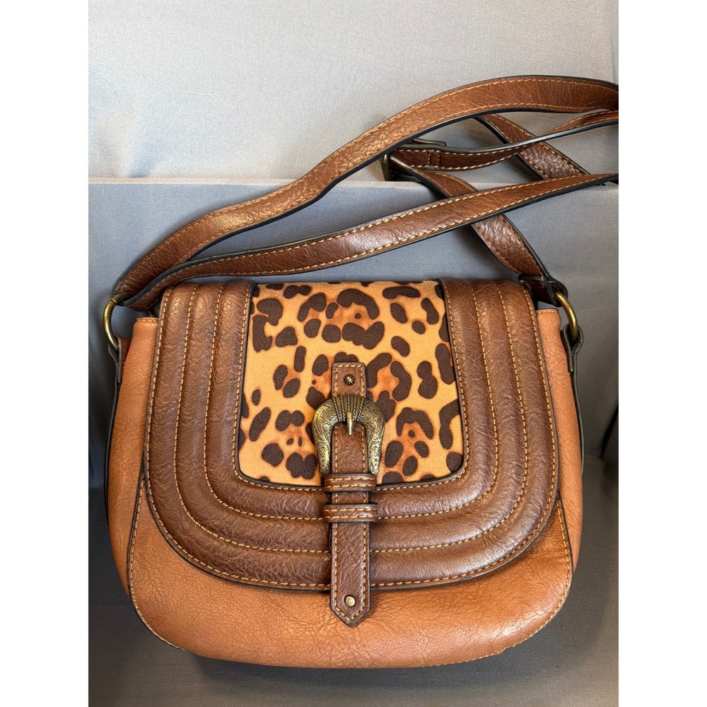 Justin Brown Faux Leather Leopard Print Crossbody Bag Western Buckle Accent